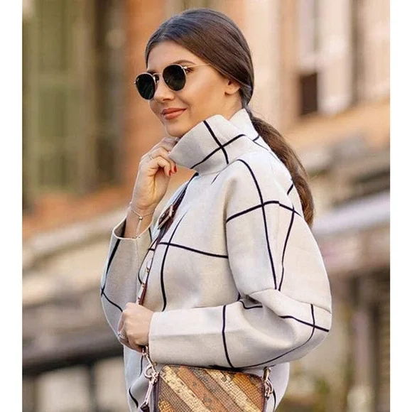 Chicwish Wool Blend Long Sleeve Grid Windowpane Turtleneck Sweater Cream Black - Picture 1 of 6